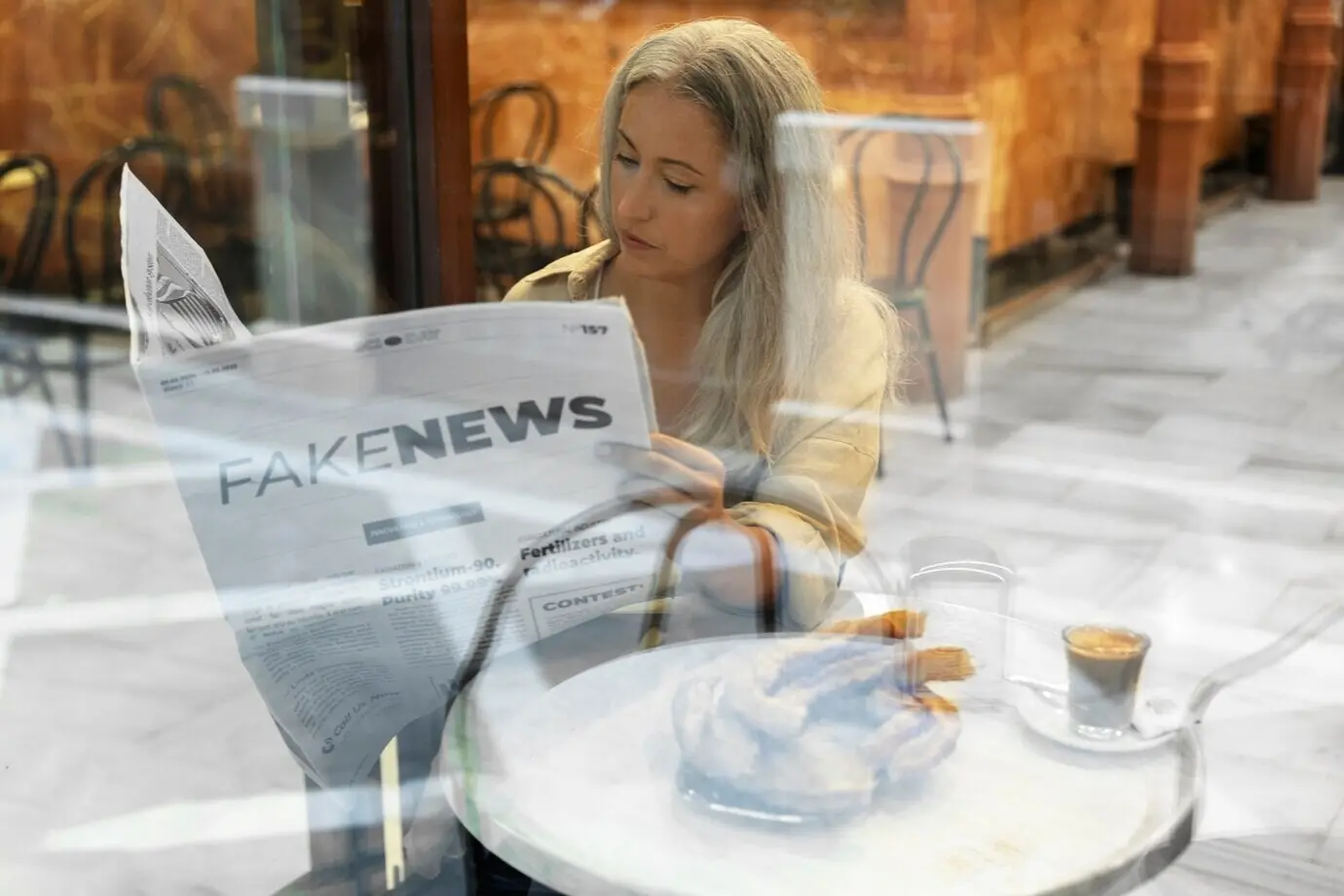 Вид сбоку: женщина читает газету.